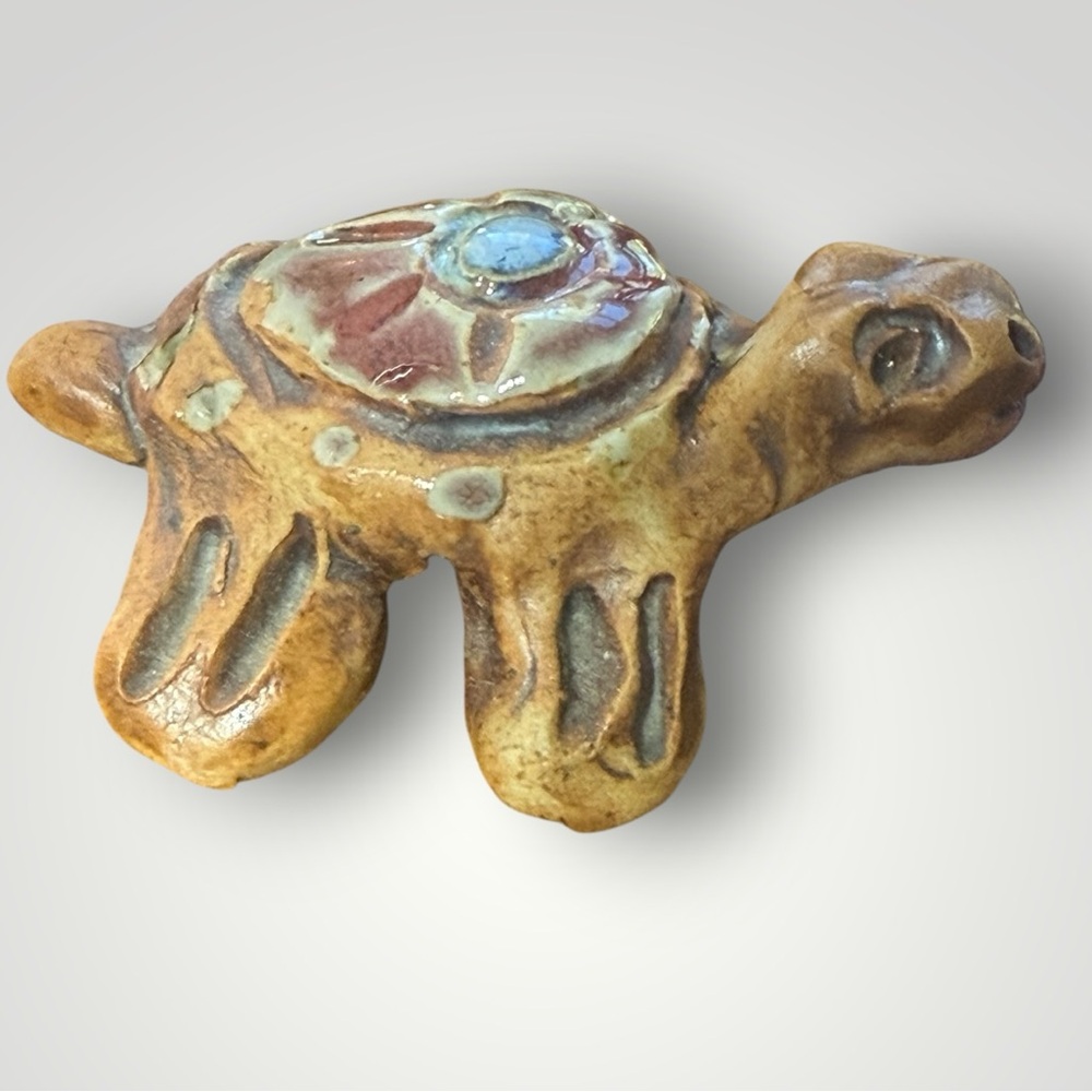 Handcrafted Clay Tortoise‎ Small Glazed Multicolor Signed By Artist Stokes 3.25"